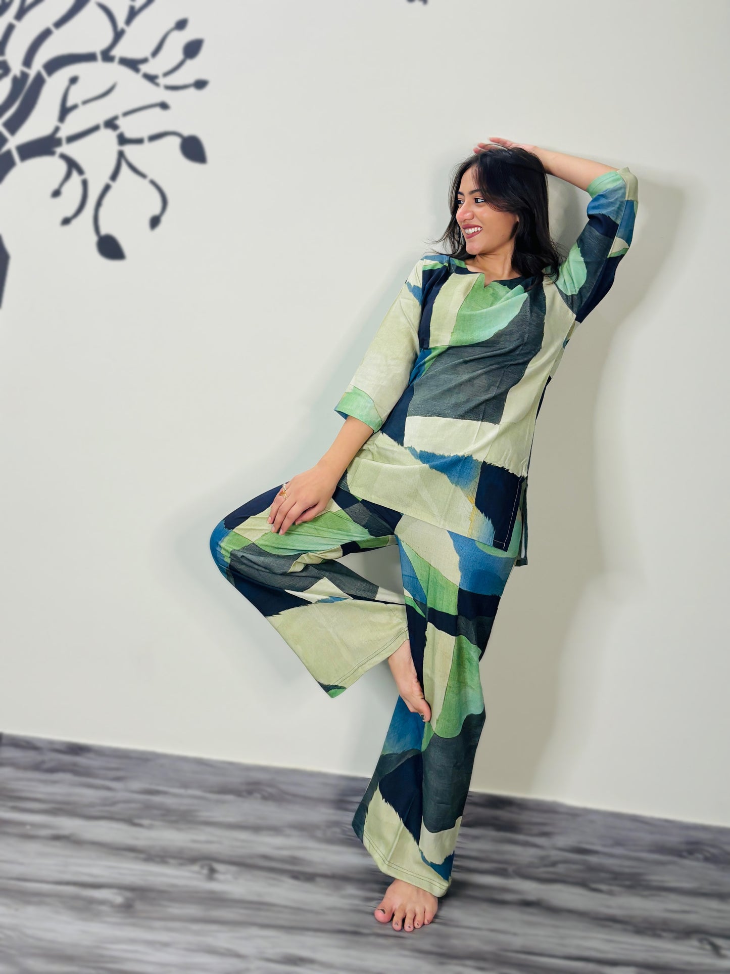 DIGITAL BOTTLE GREEN GEOMETRIC PRINT REYON CO-ORD SET