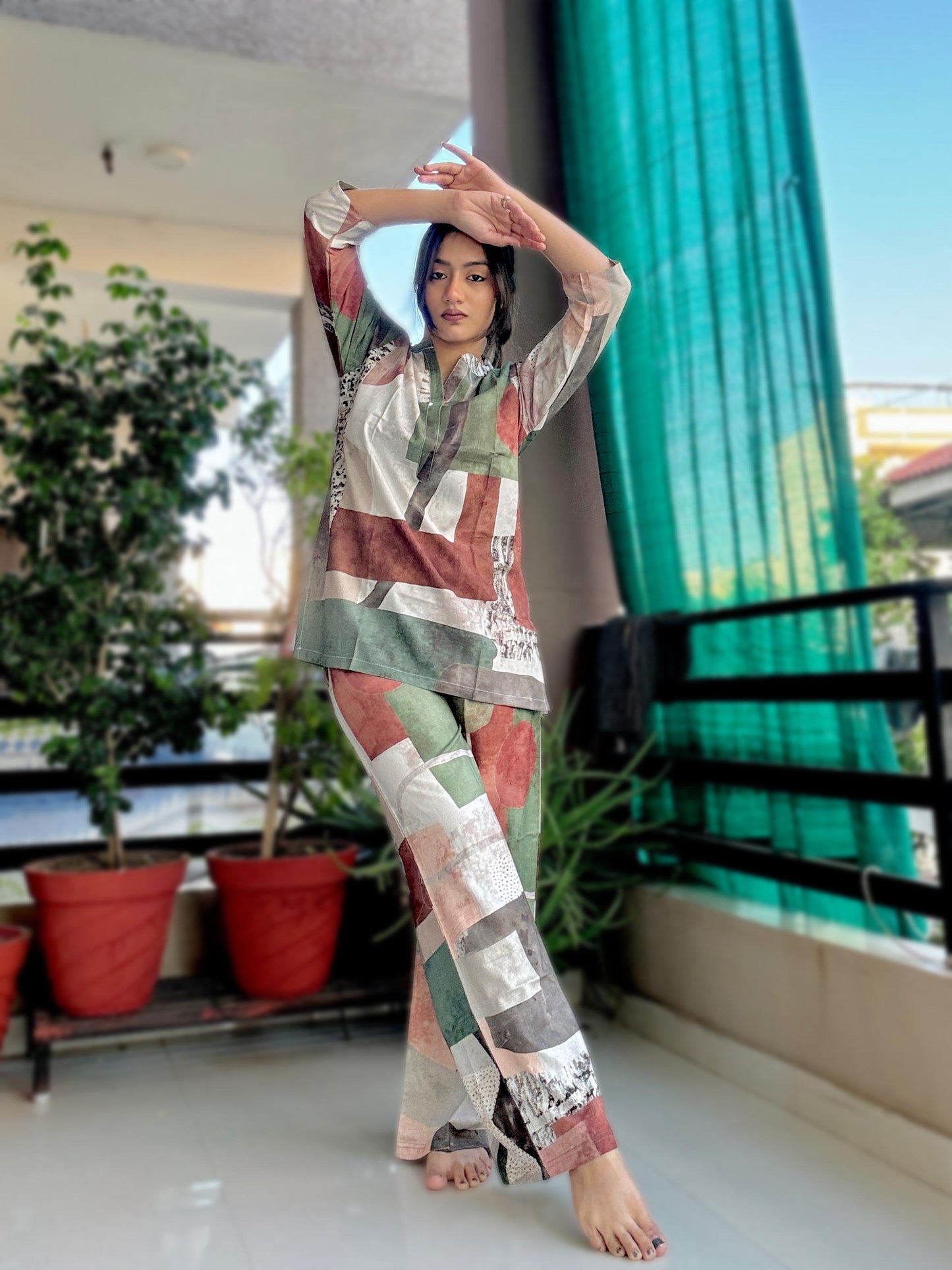 DIGITAL GREEN GEOMETRIC PRINT REYON CO-ORD SET