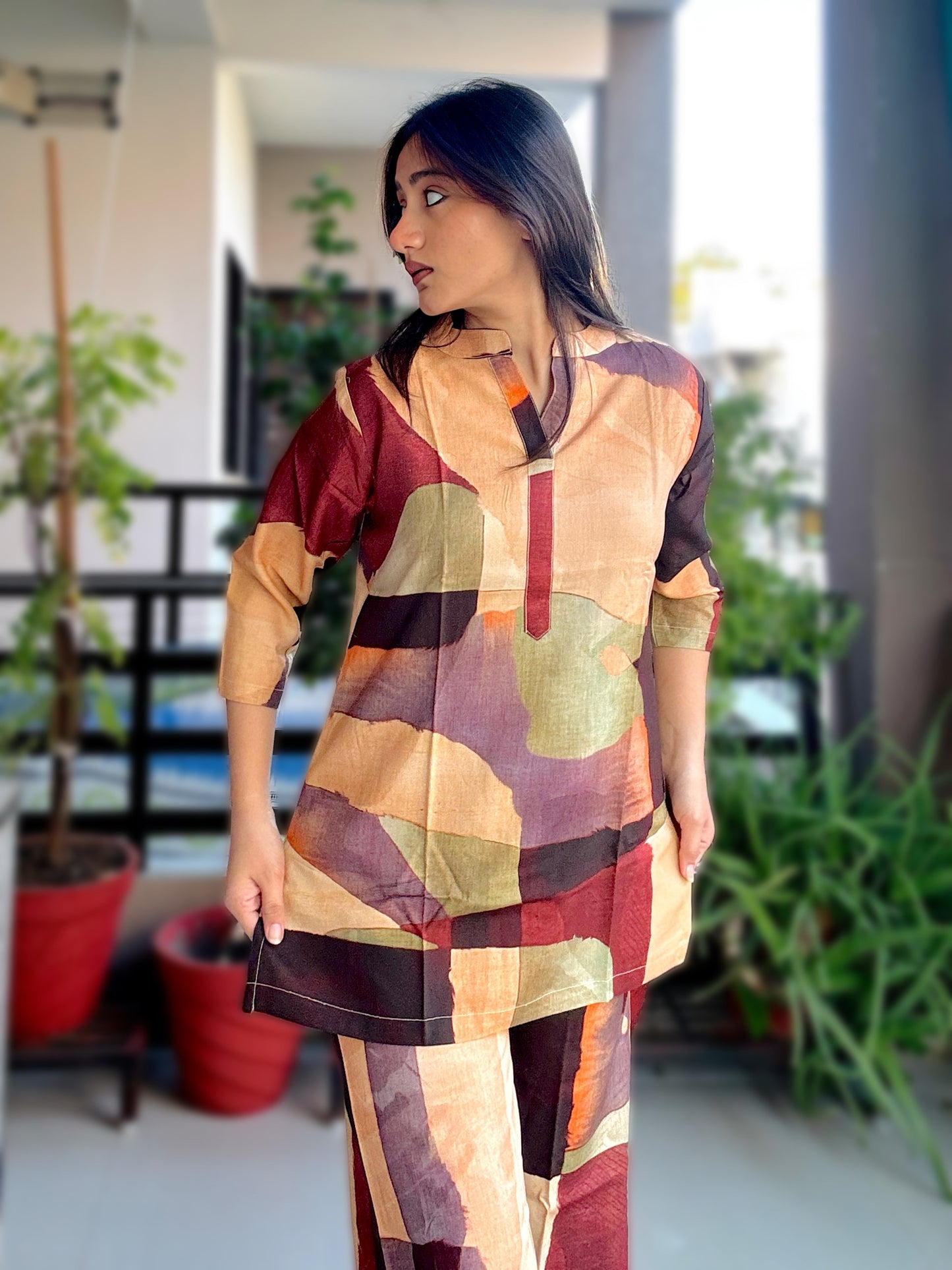 DIGITAL BROWN GEOMETRIC PRINT REYON CO-ORD SET