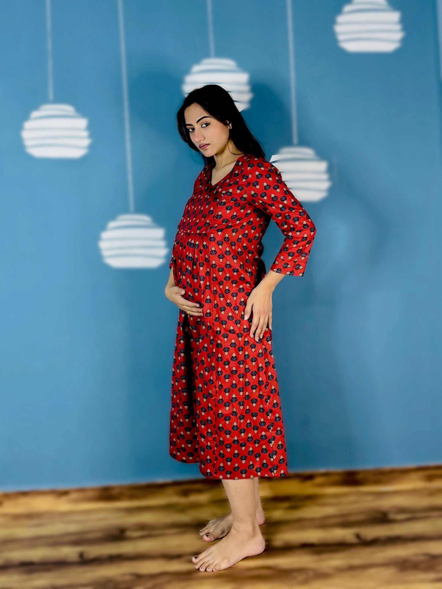 MAROON BUTTA V-NECK MATERNITY DRESS (TWO ZIP)