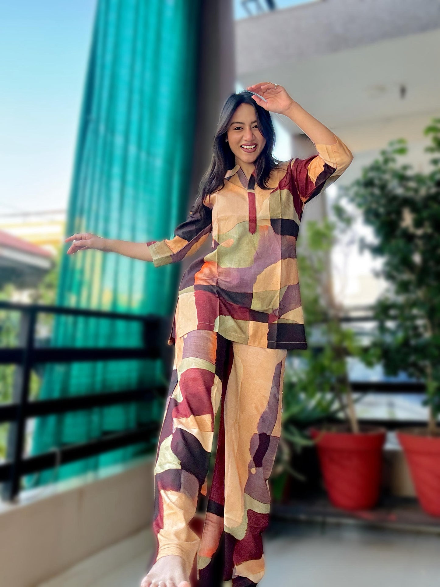 DIGITAL BROWN GEOMETRIC PRINT REYON CO-ORD SET