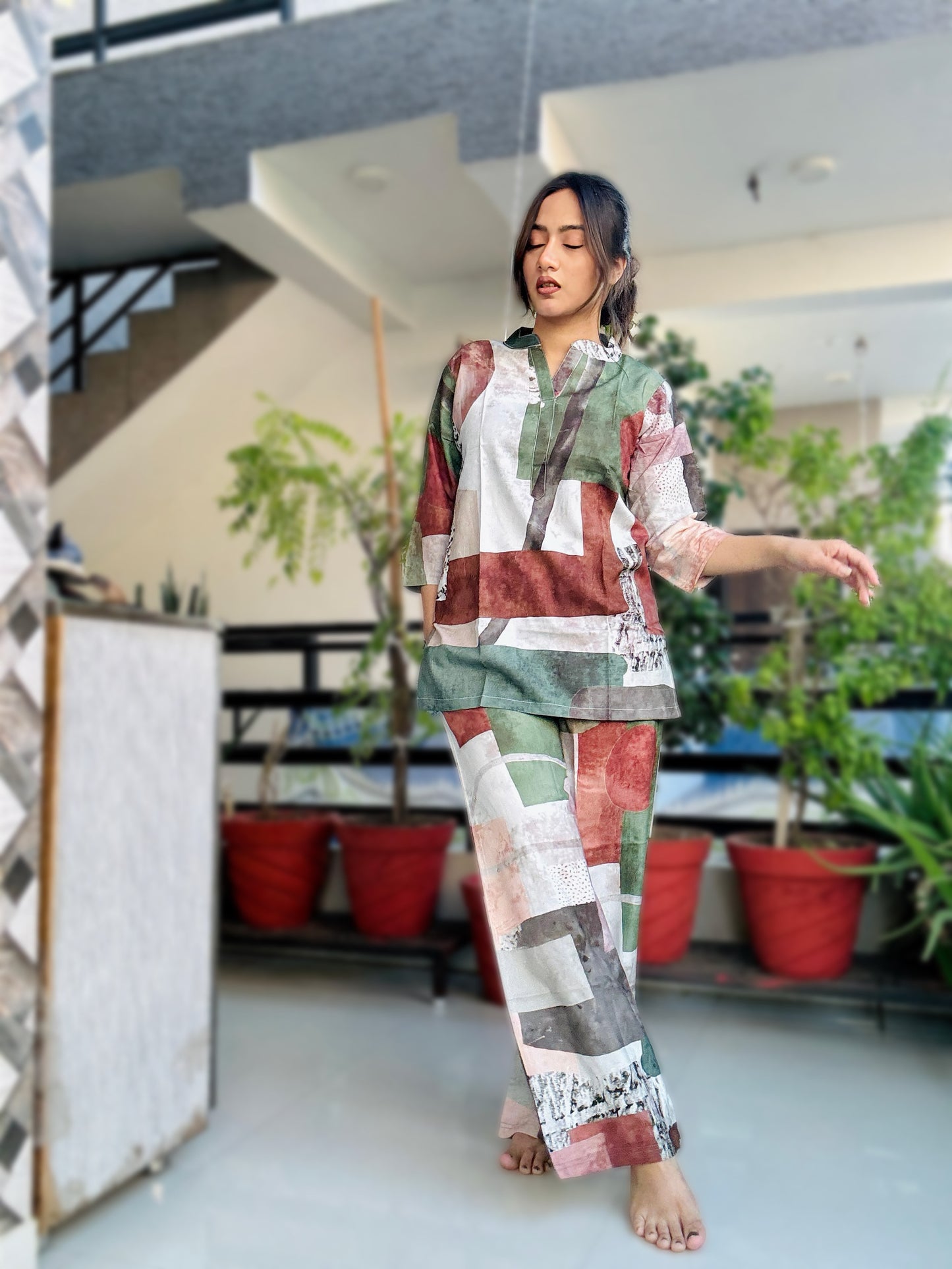 DIGITAL GREEN GEOMETRIC PRINT REYON CO-ORD SET