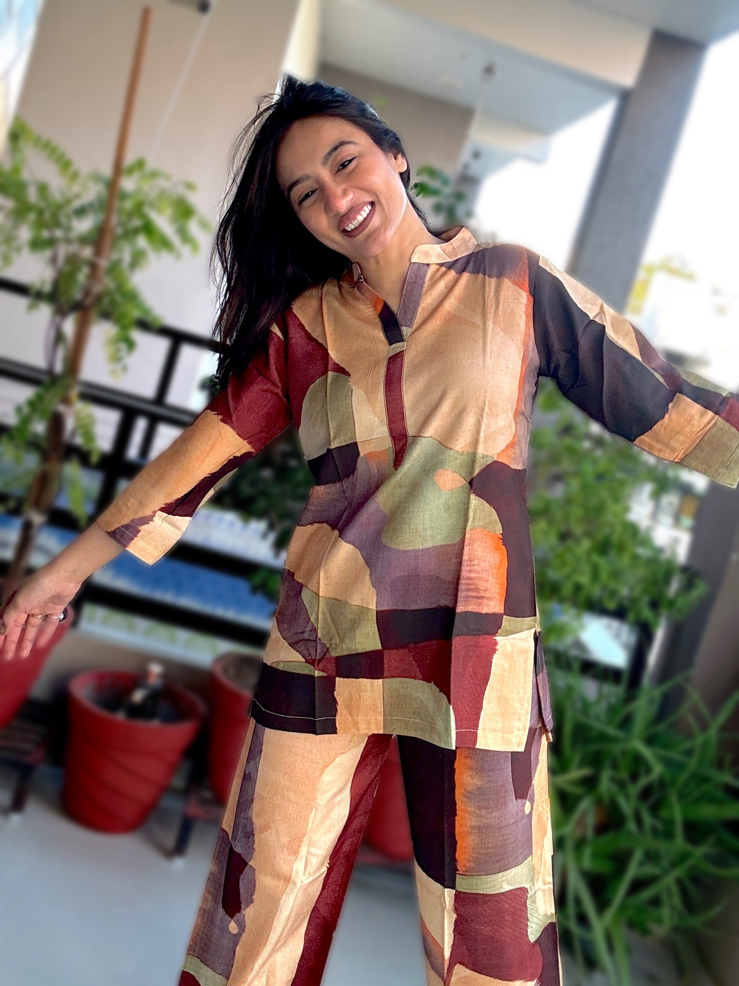 DIGITAL BROWN GEOMETRIC PRINT REYON CO-ORD SET