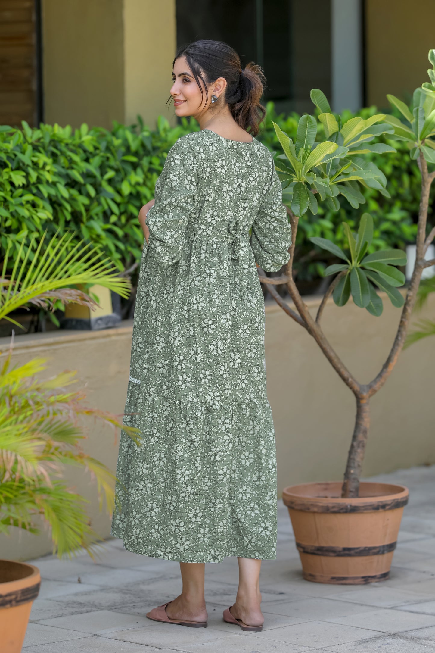 OLIVE GREEN WHITE FLOWERS MATERNITY DRESS