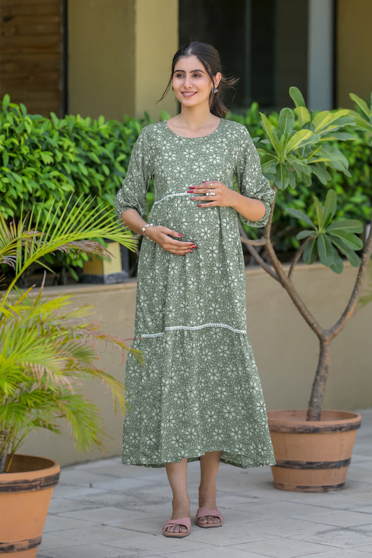 OLIVE GREEN WHITE FLOWERS MATERNITY DRESS