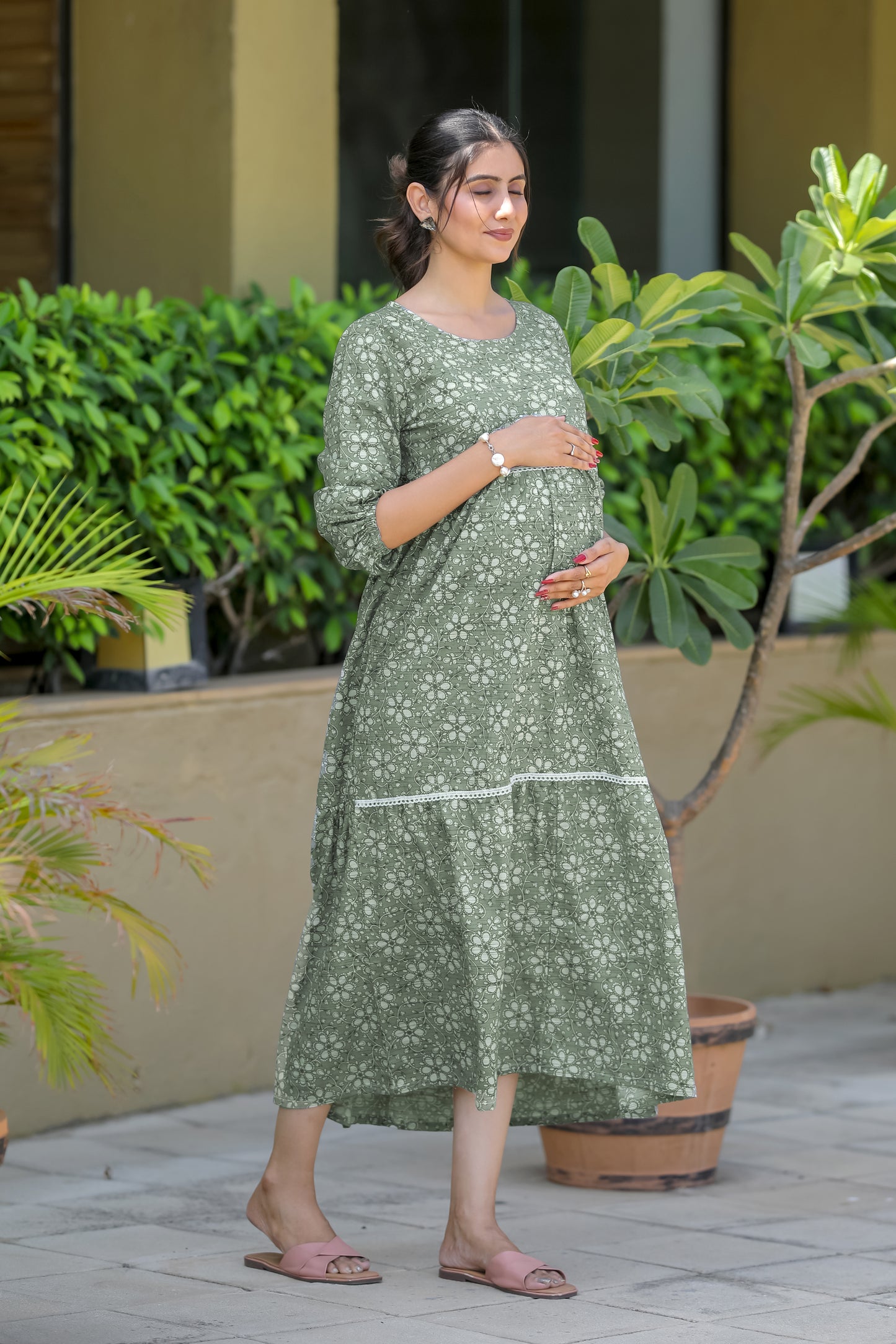 OLIVE GREEN WHITE FLOWERS MATERNITY DRESS