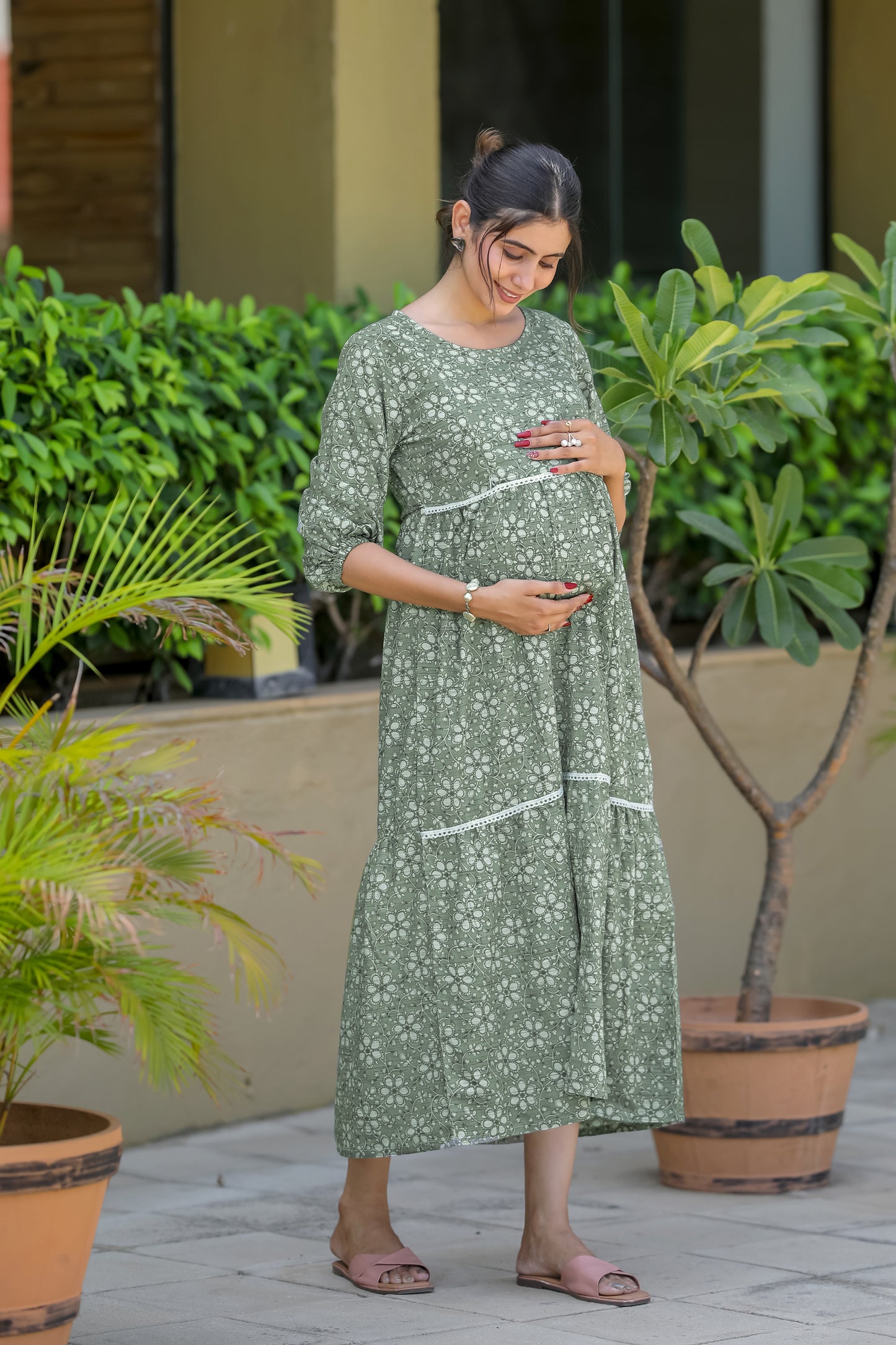 OLIVE GREEN WHITE FLOWERS MATERNITY DRESS