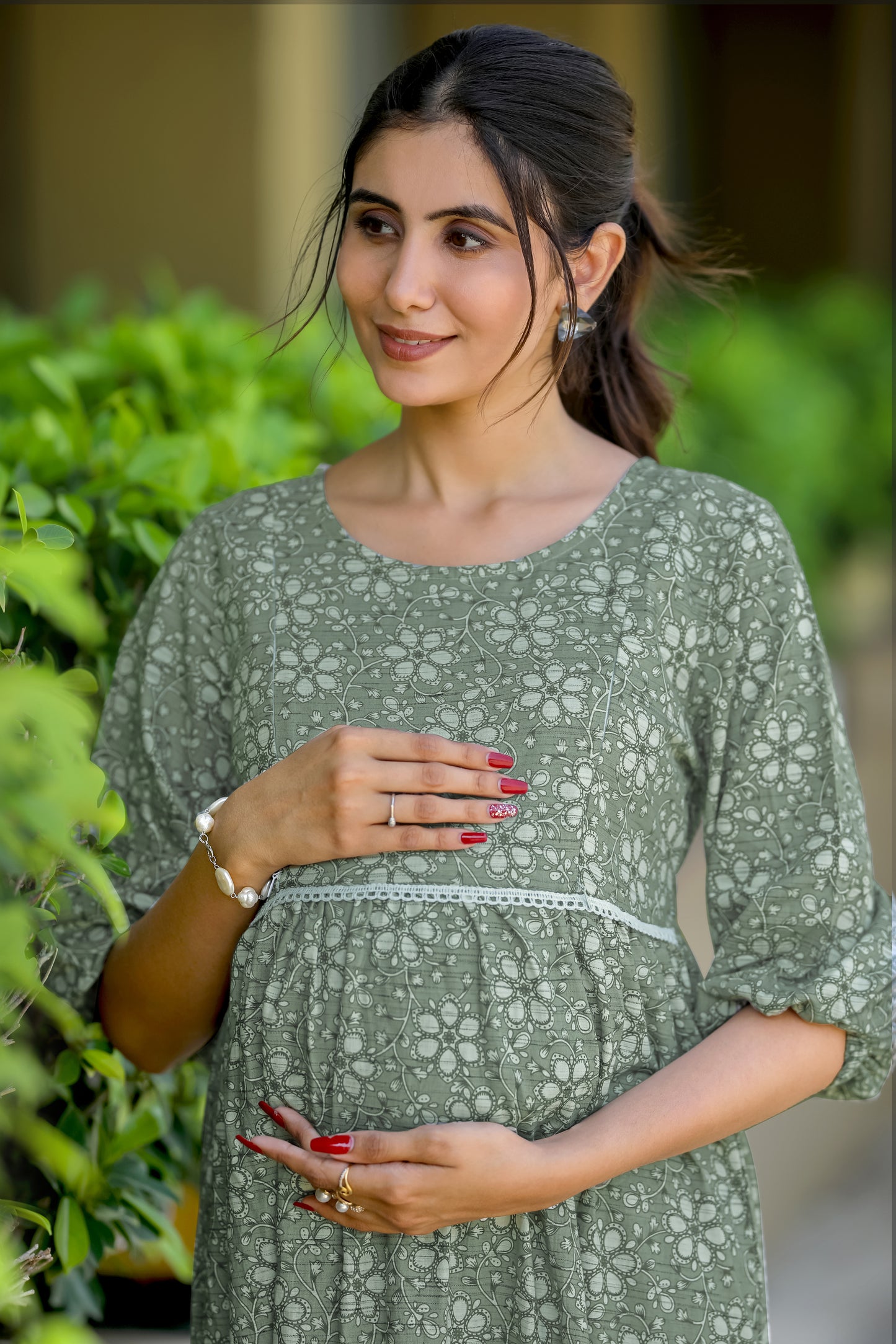 OLIVE GREEN WHITE FLOWERS MATERNITY DRESS