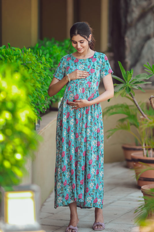 SKY BLUE ROSE PETALS MATERNITY DRESS