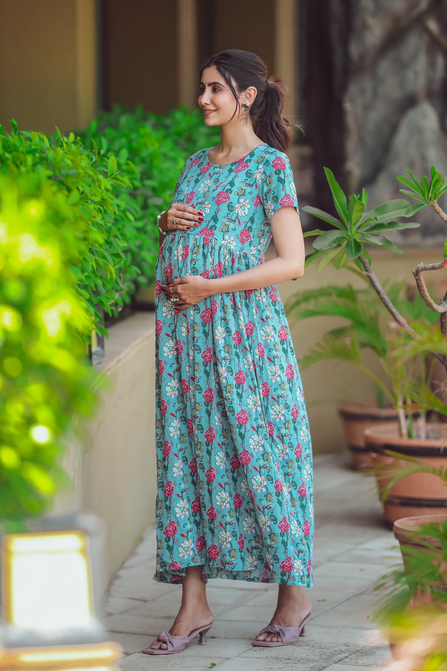 SKY BLUE ROSE PETALS MATERNITY DRESS