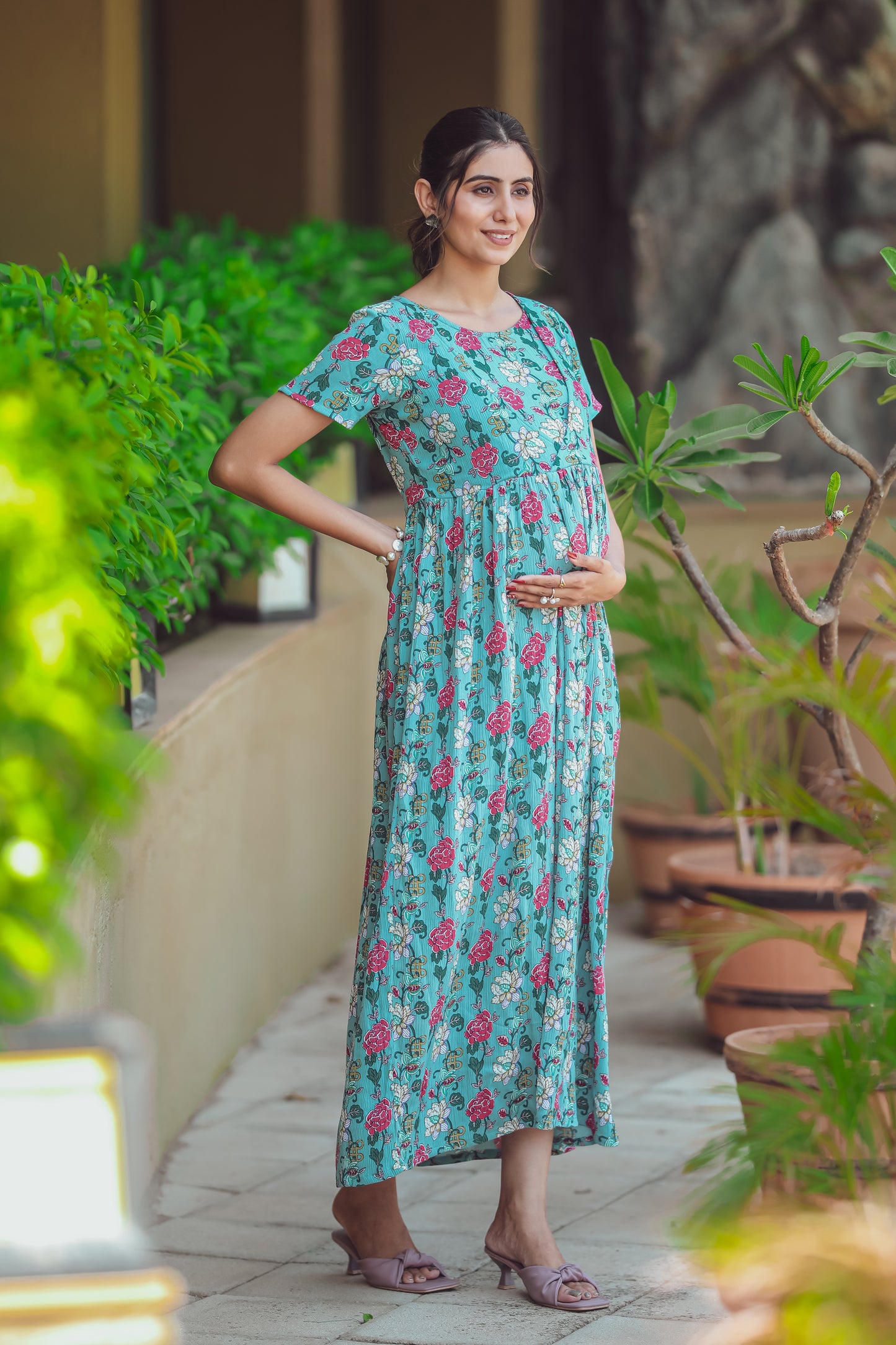 SKY BLUE ROSE PETALS MATERNITY DRESS