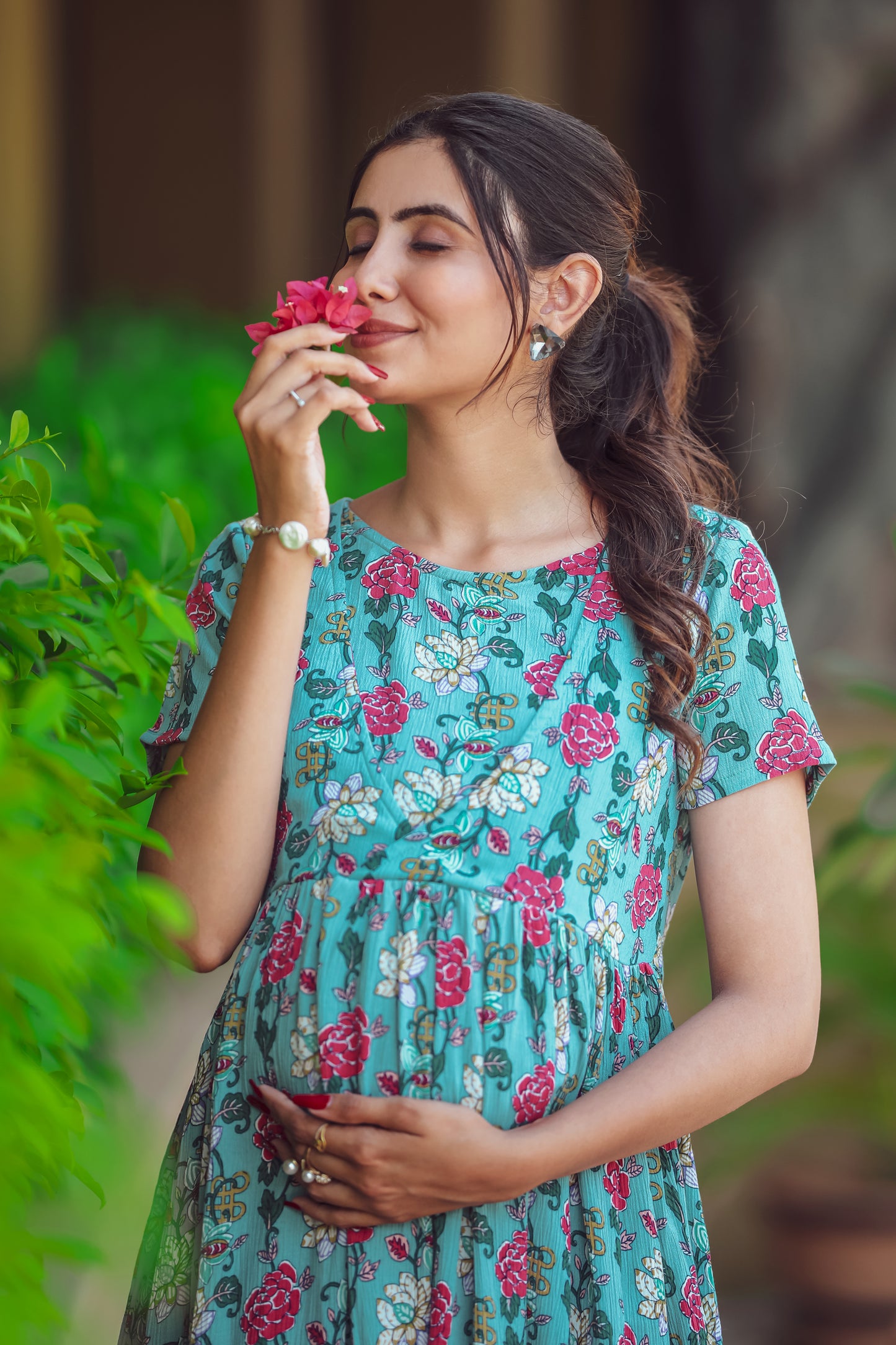 SKY BLUE ROSE PETALS MATERNITY DRESS