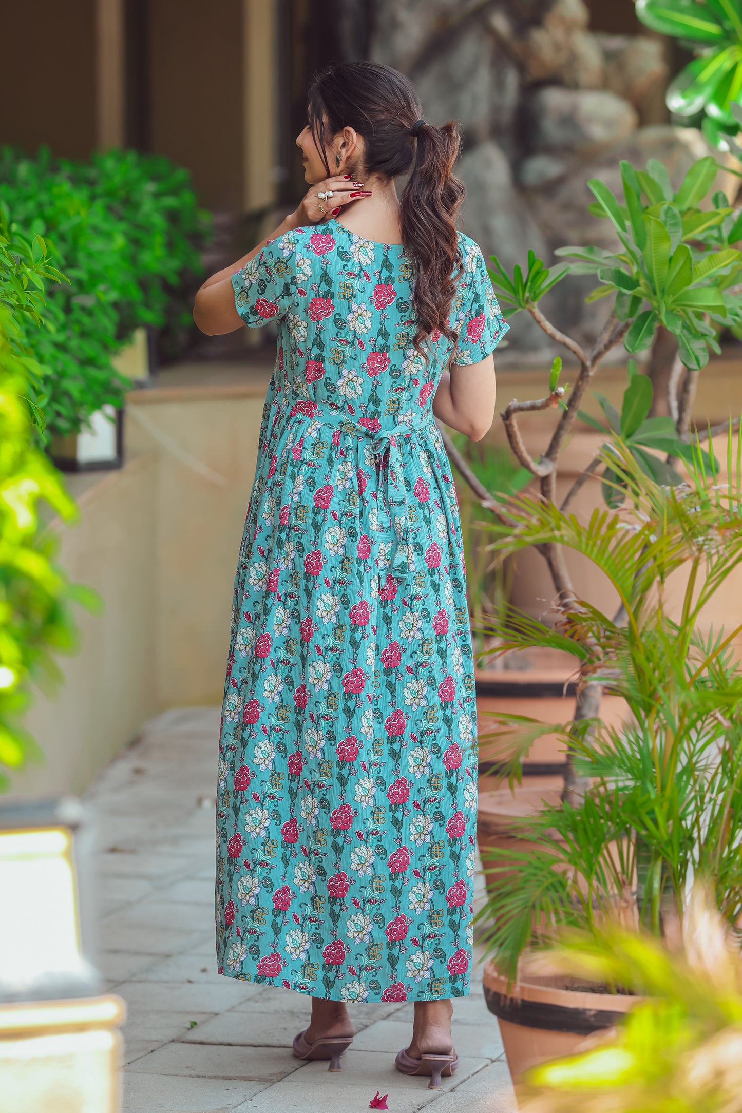 SKY BLUE ROSE PETALS MATERNITY DRESS