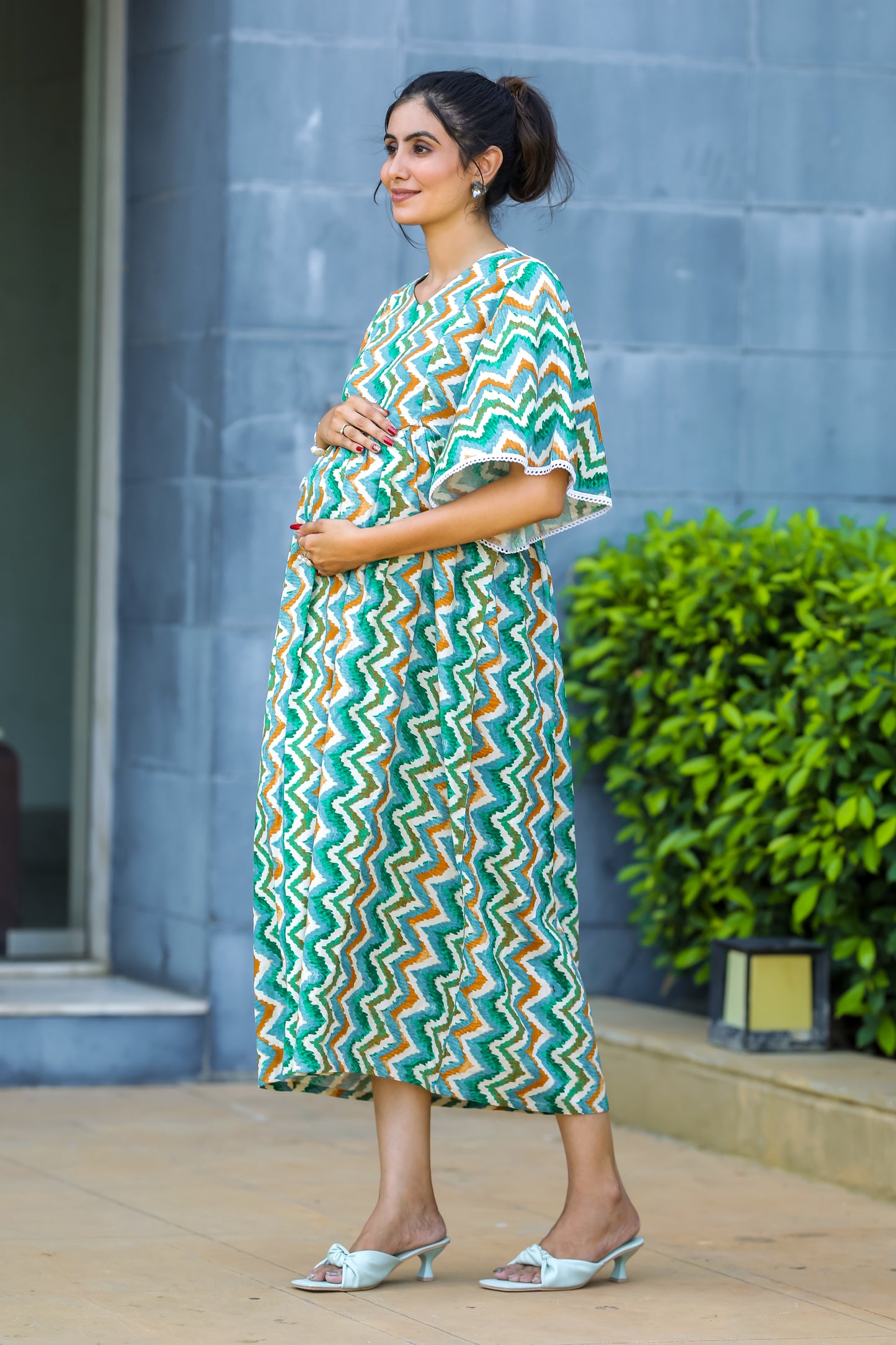 BLUE & GREEN ZICK-ZACK MATERNITY DRESS