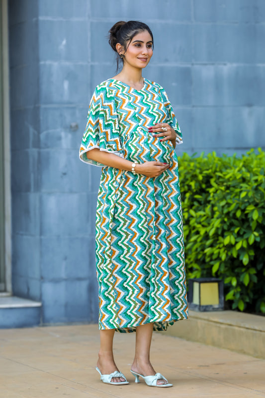 BLUE & GREEN ZICK-ZACK MATERNITY DRESS