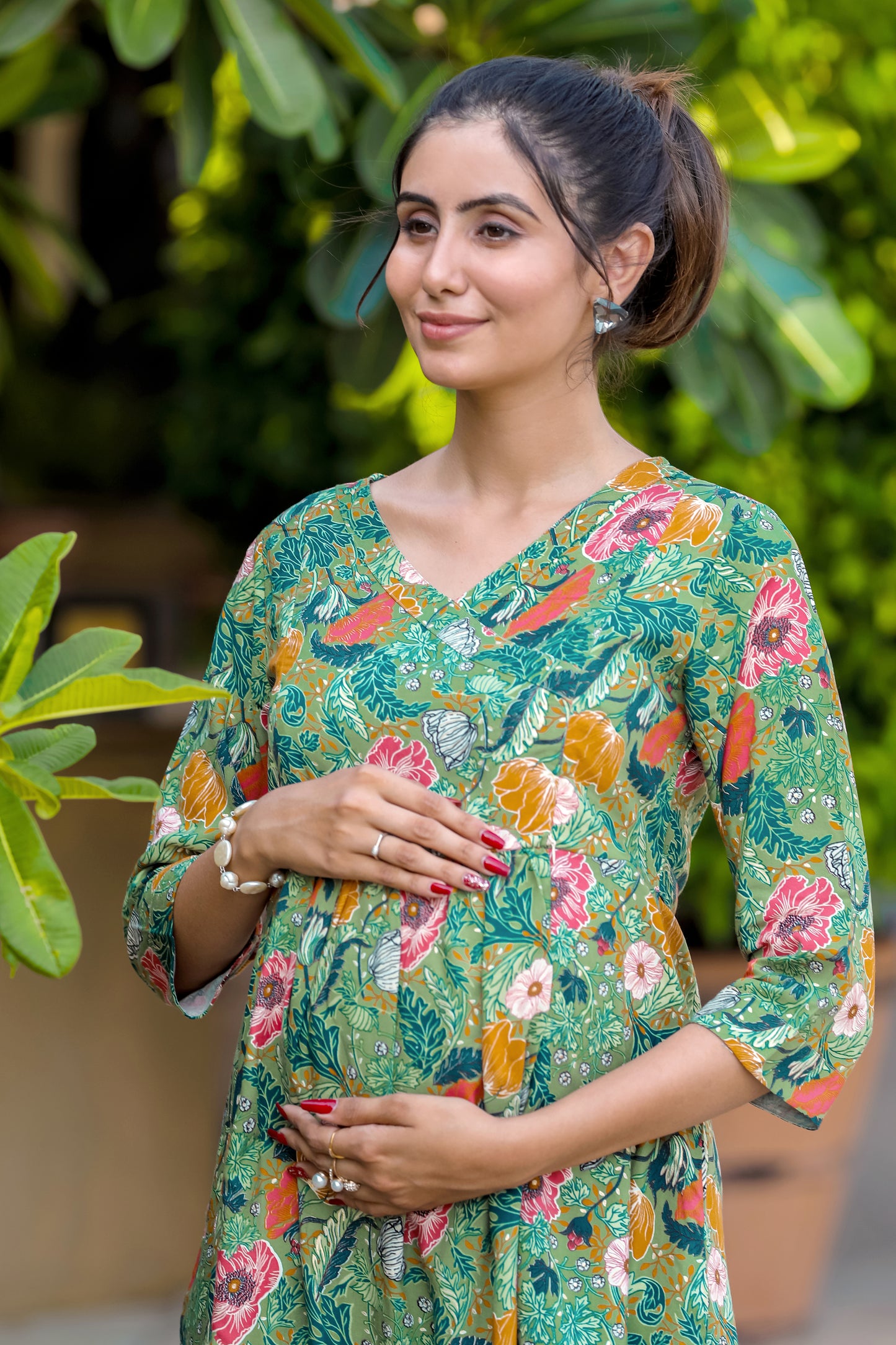 OLIVE GREEN FLORAL MATERNITY DRESS