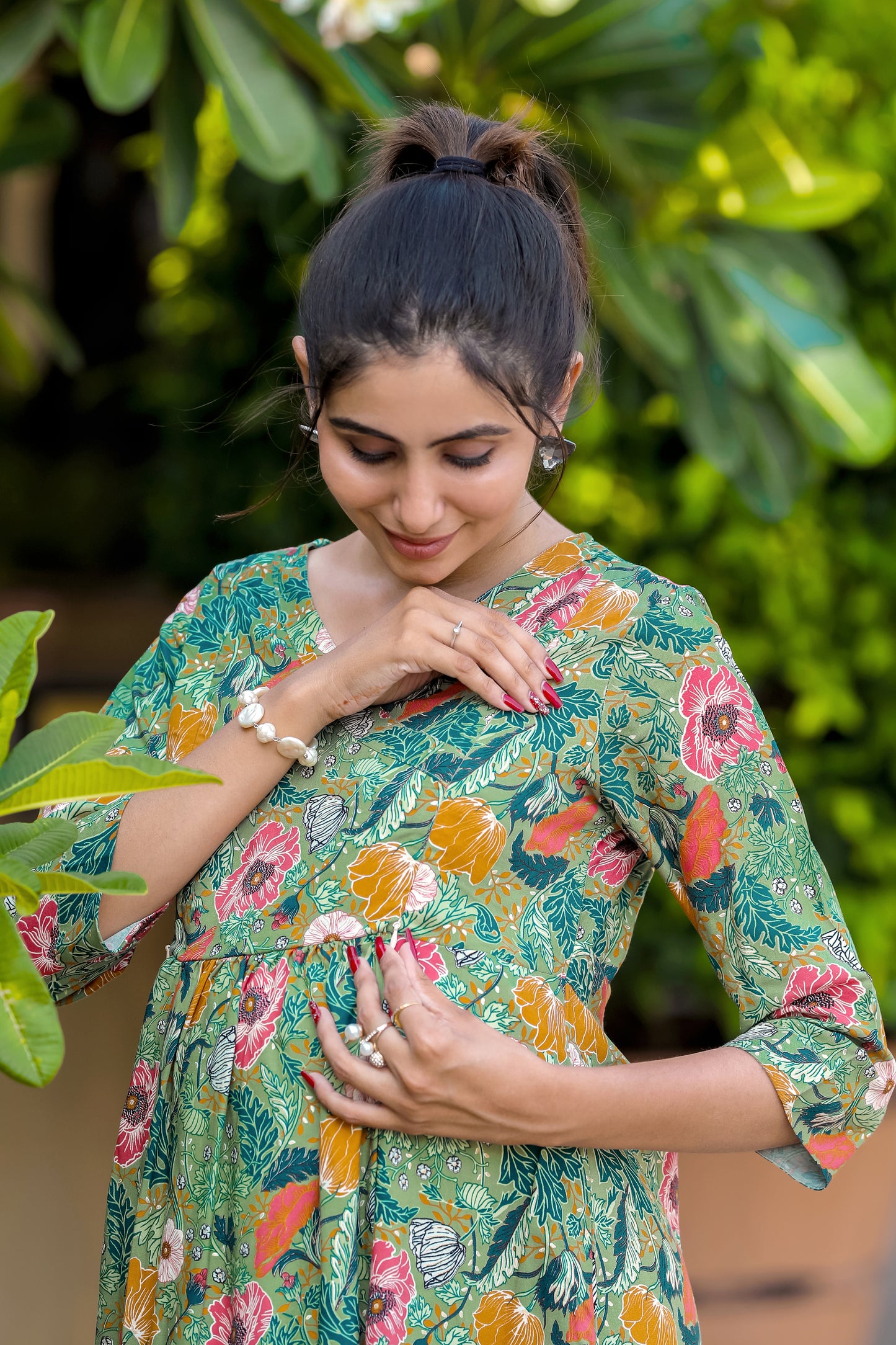 OLIVE GREEN FLORAL MATERNITY DRESS