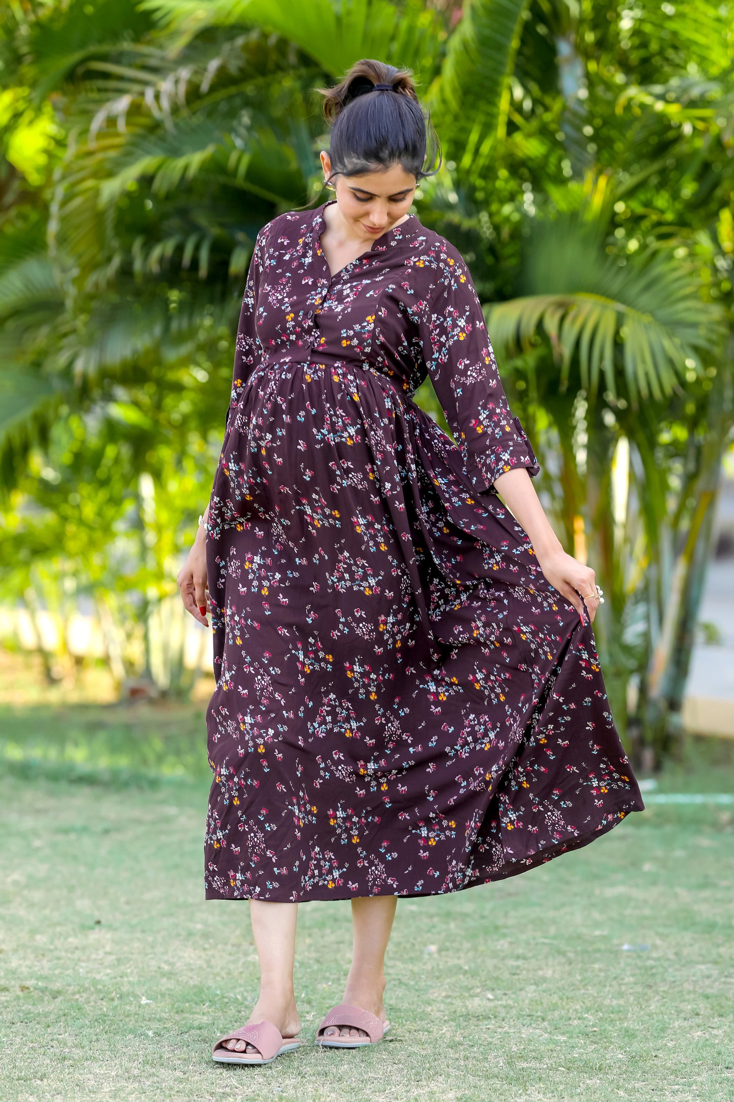 WINE FLORAL PRINTS MATERNITY DRESS