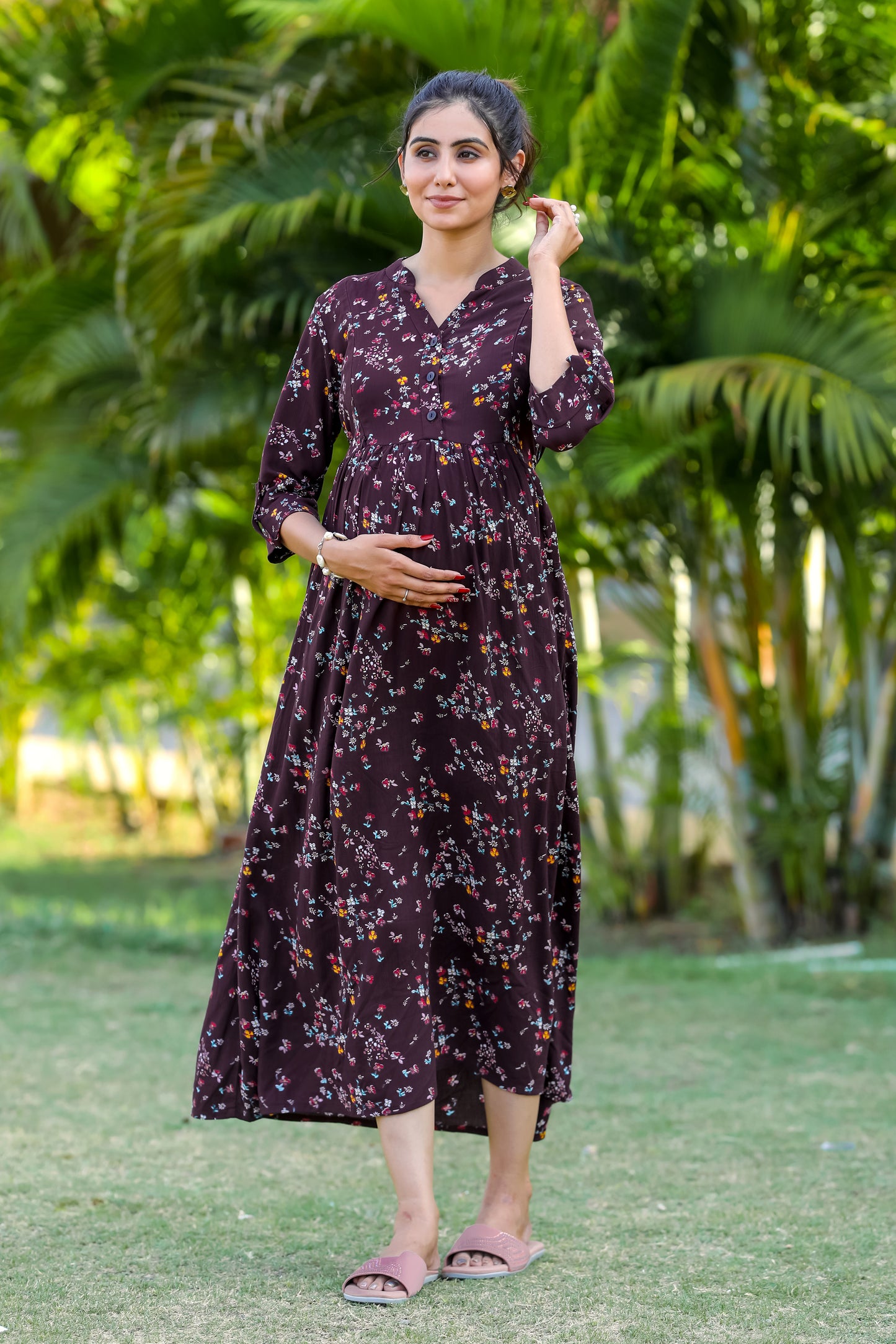 WINE FLORAL PRINTS MATERNITY DRESS