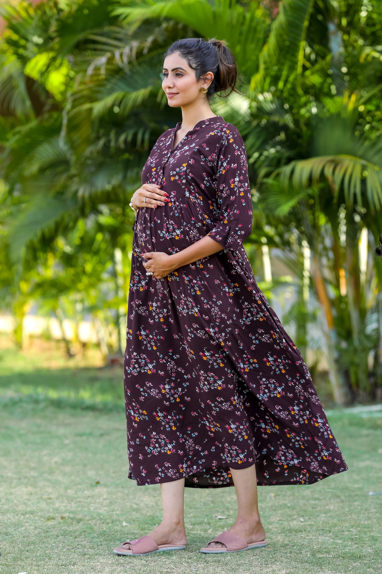 WINE FLORAL PRINTS MATERNITY DRESS