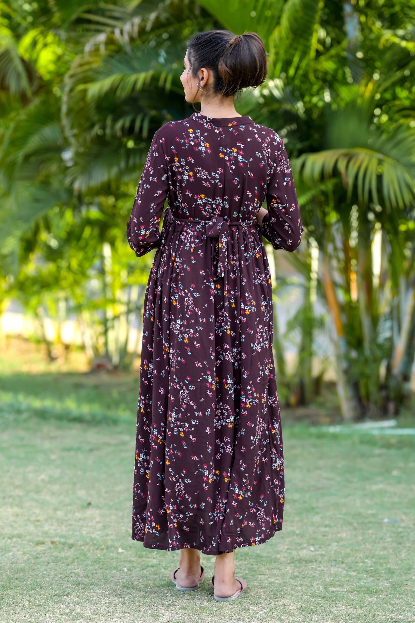 WINE FLORAL PRINTS MATERNITY DRESS