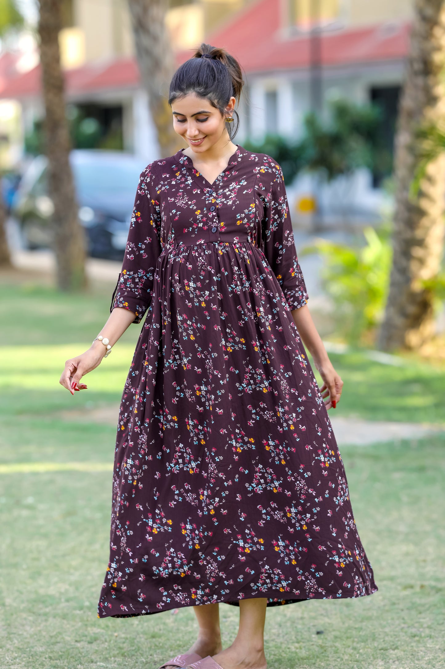 WINE FLORAL PRINTS MATERNITY DRESS