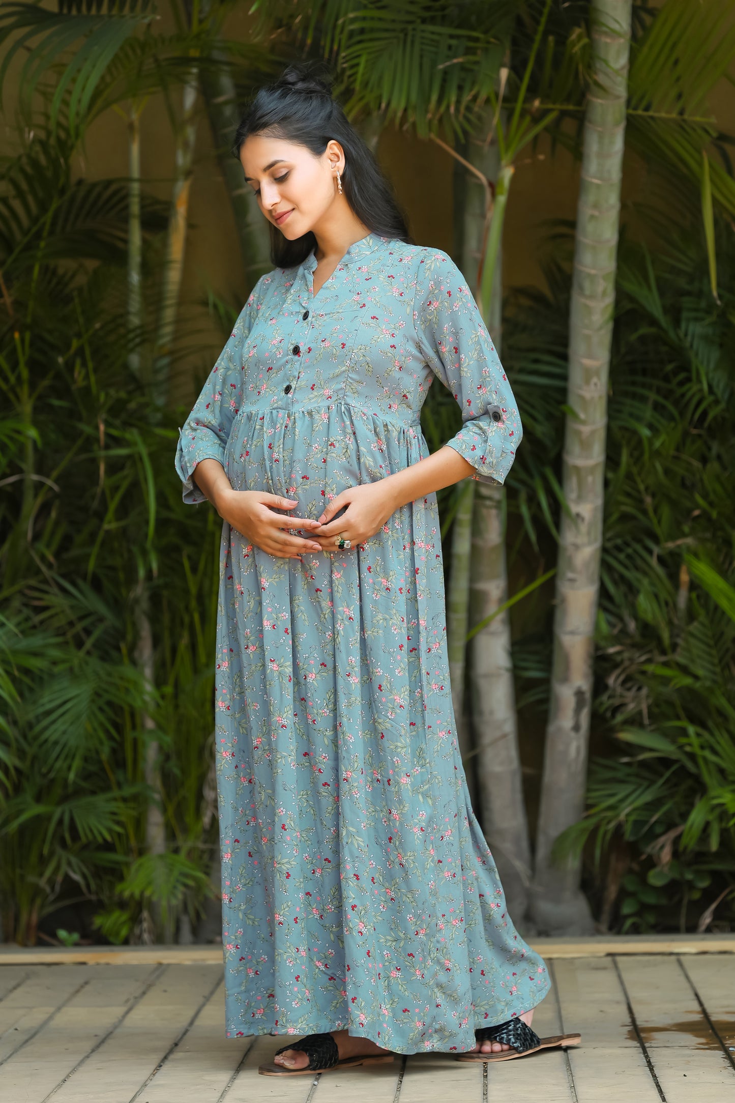 LIGHT MINT BLUE FLORAL MATERNITY DRESS