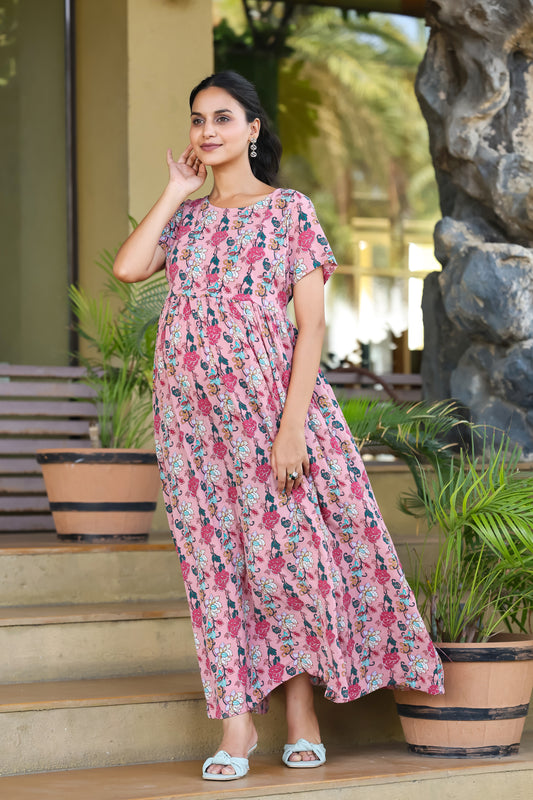 PASTEL PINK ROSE PETALS MATERNITY DRESS