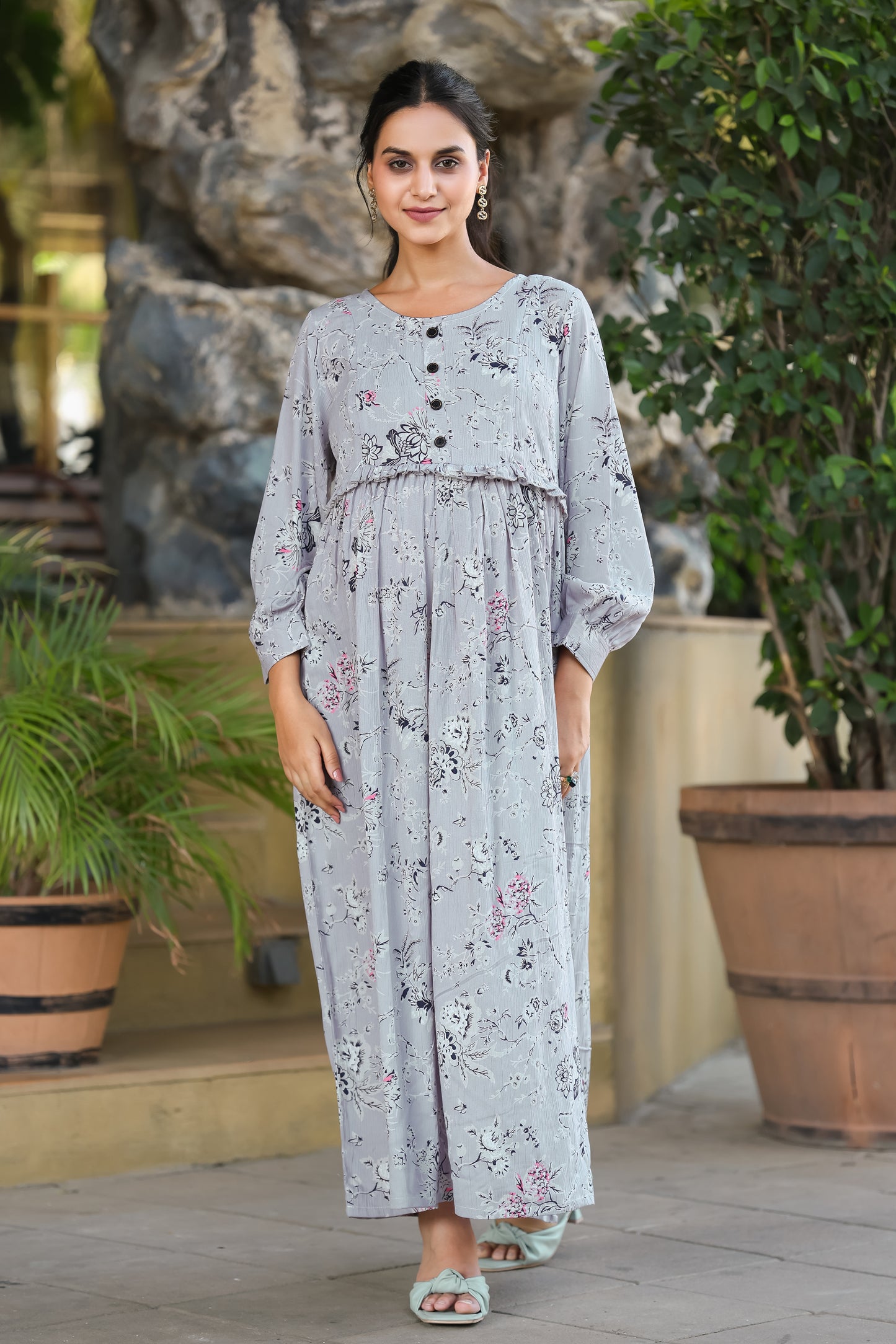 STEEL GREY FLORAL MATERNITY DRESS