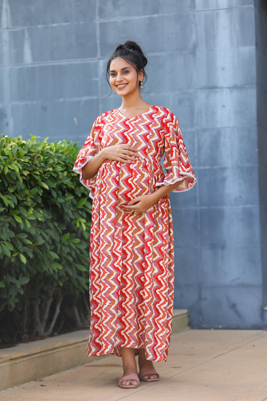 RED AND PINK ZICK-ZACK MATERNITY DRESS