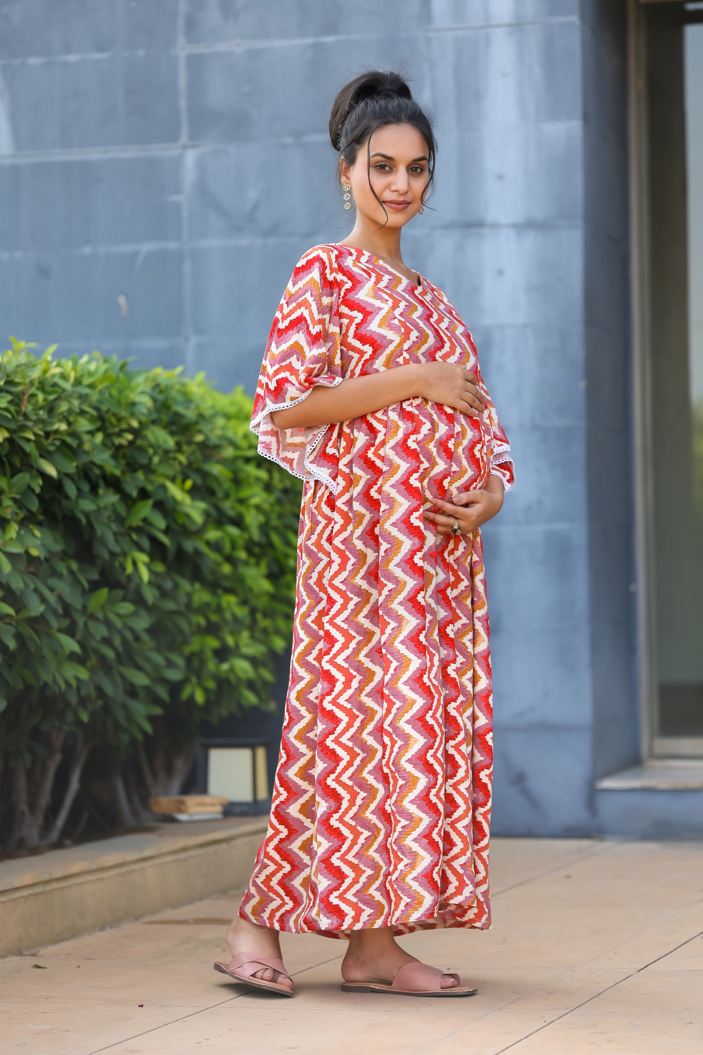 RED AND PINK ZICK-ZACK MATERNITY DRESS