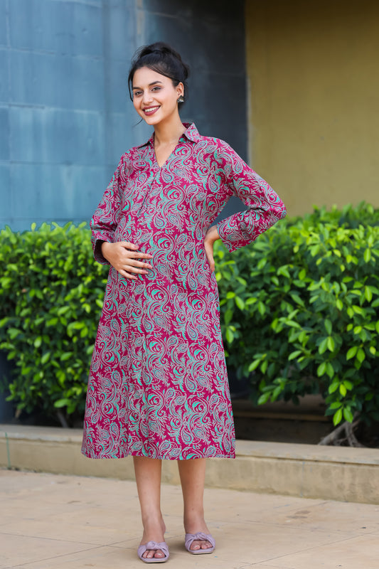 ALL OVER PEACOCK BUTTA MATERNITY DRESS