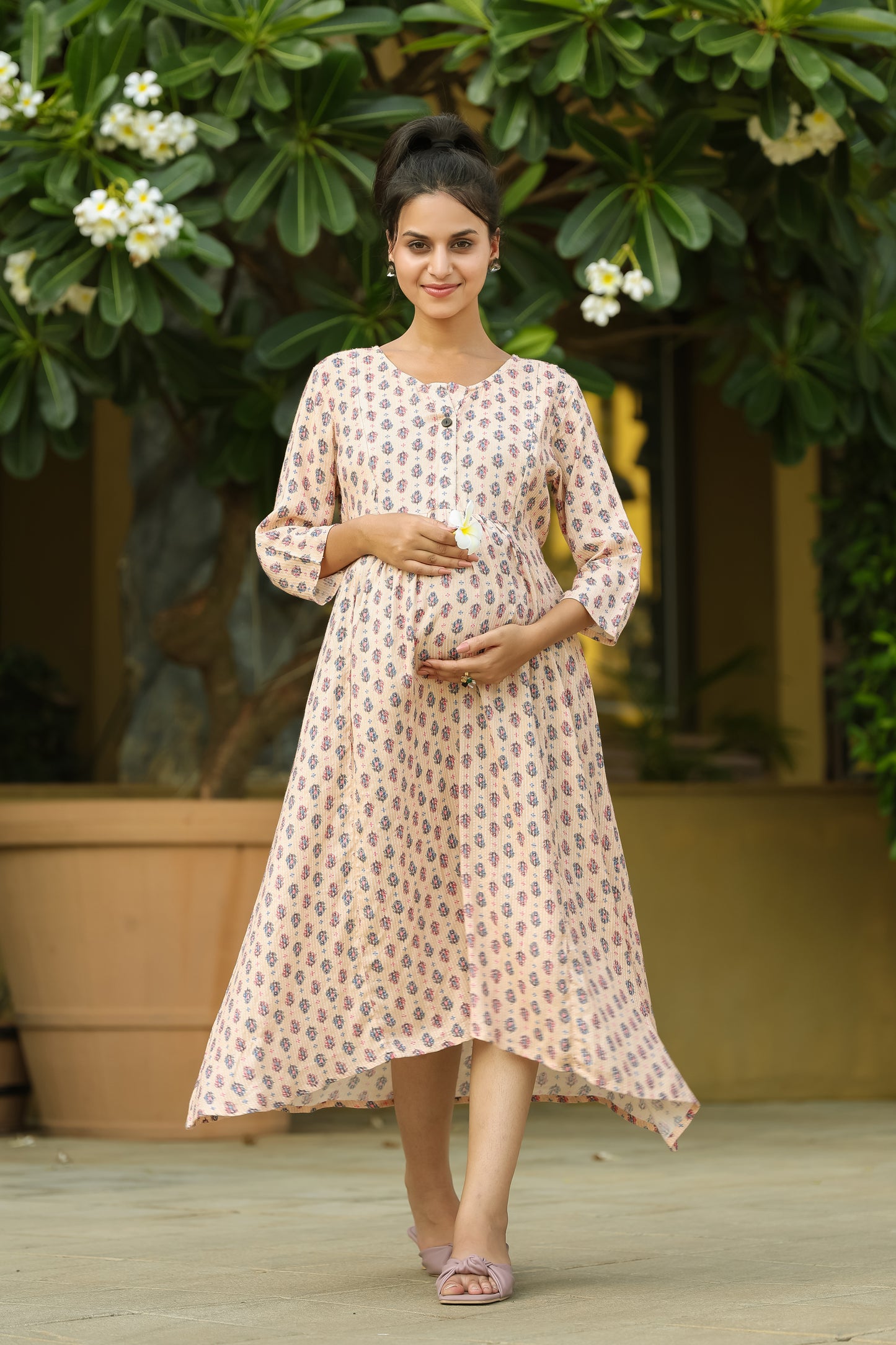 KATHA WORK LIGHT PEACH MATERNITY DRESS