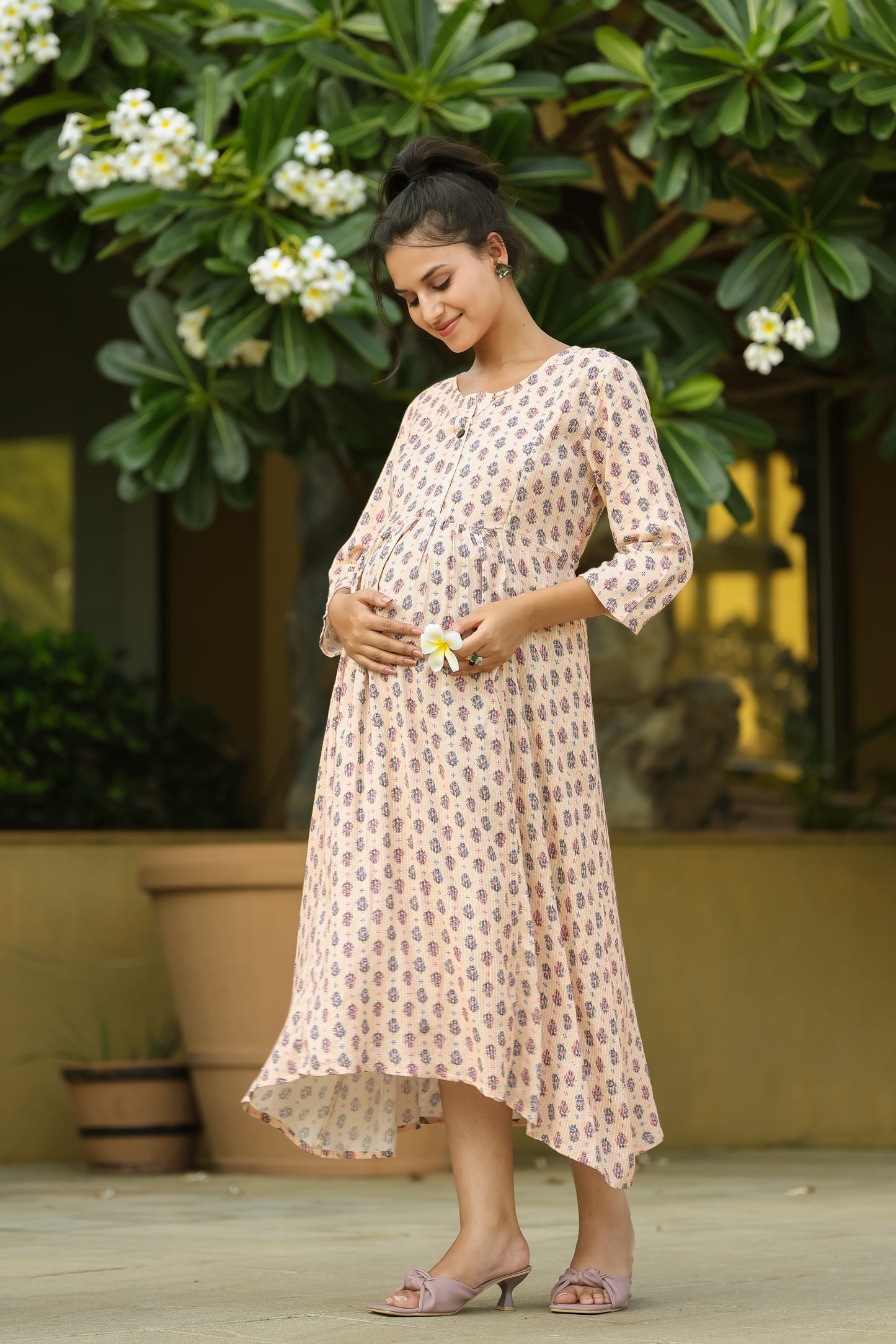 KATHA WORK LIGHT PEACH MATERNITY DRESS