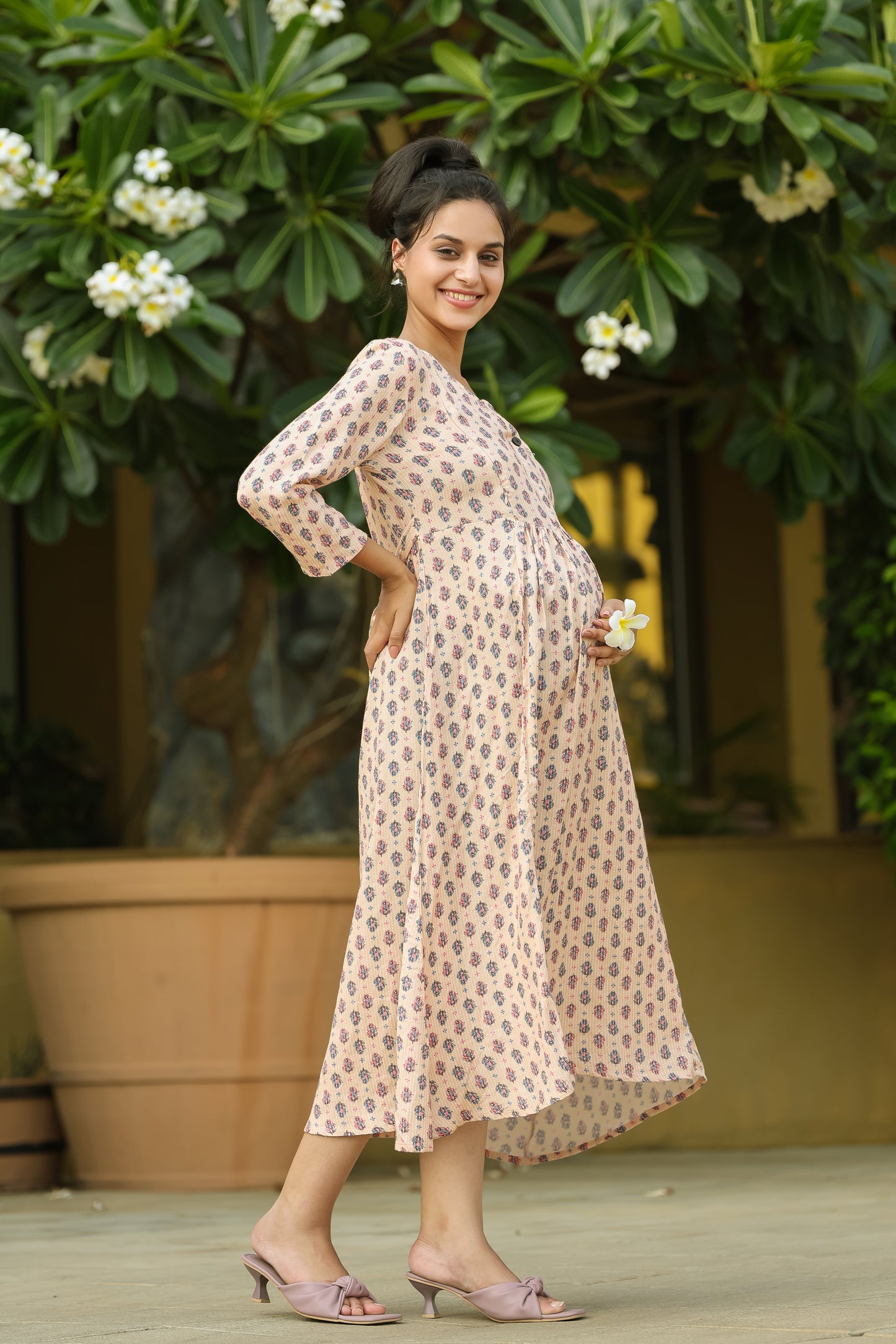 KATHA WORK LIGHT PEACH MATERNITY DRESS