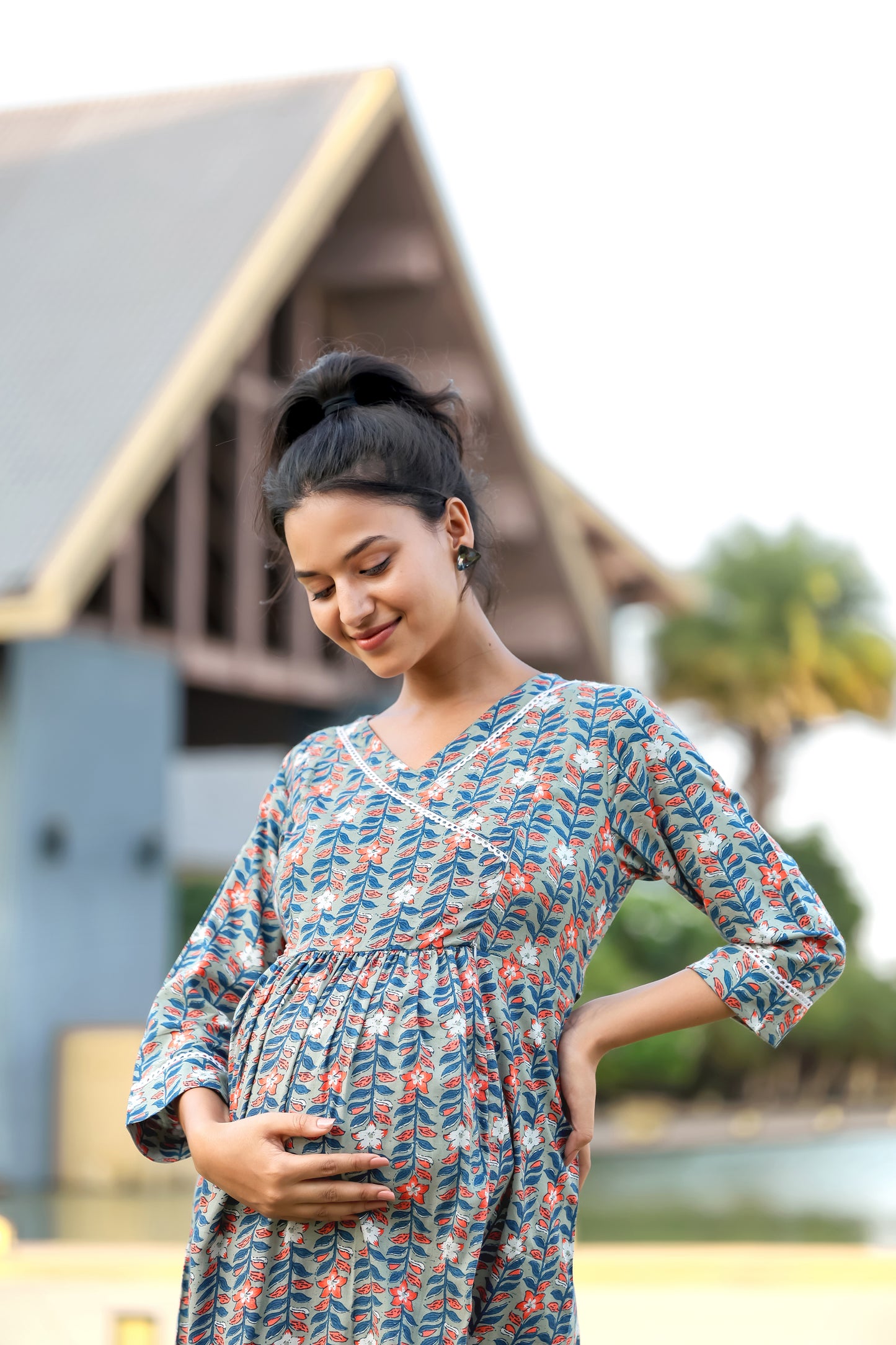 GREY PETAL LEAVES MATERNITY DRESS