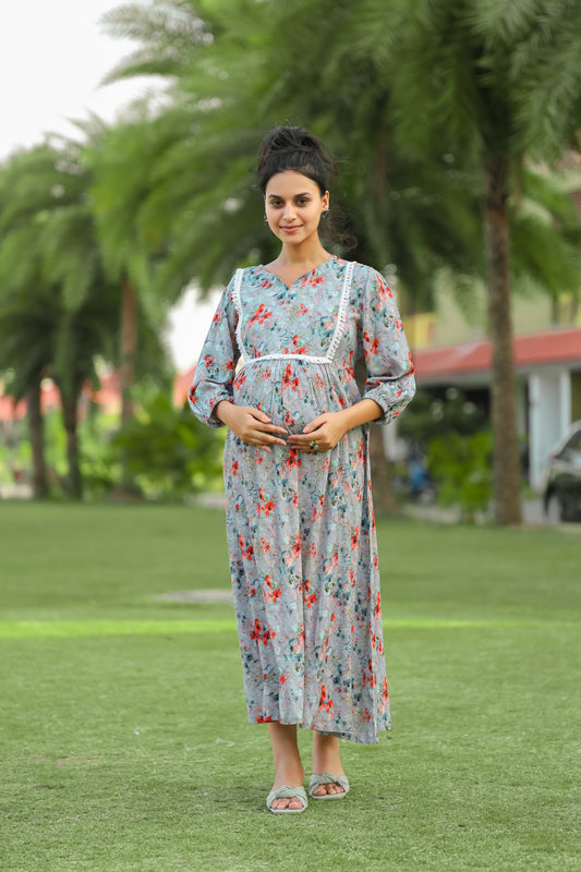 LIGHT ASH FLORAL PRINT MATERNITY DRESS