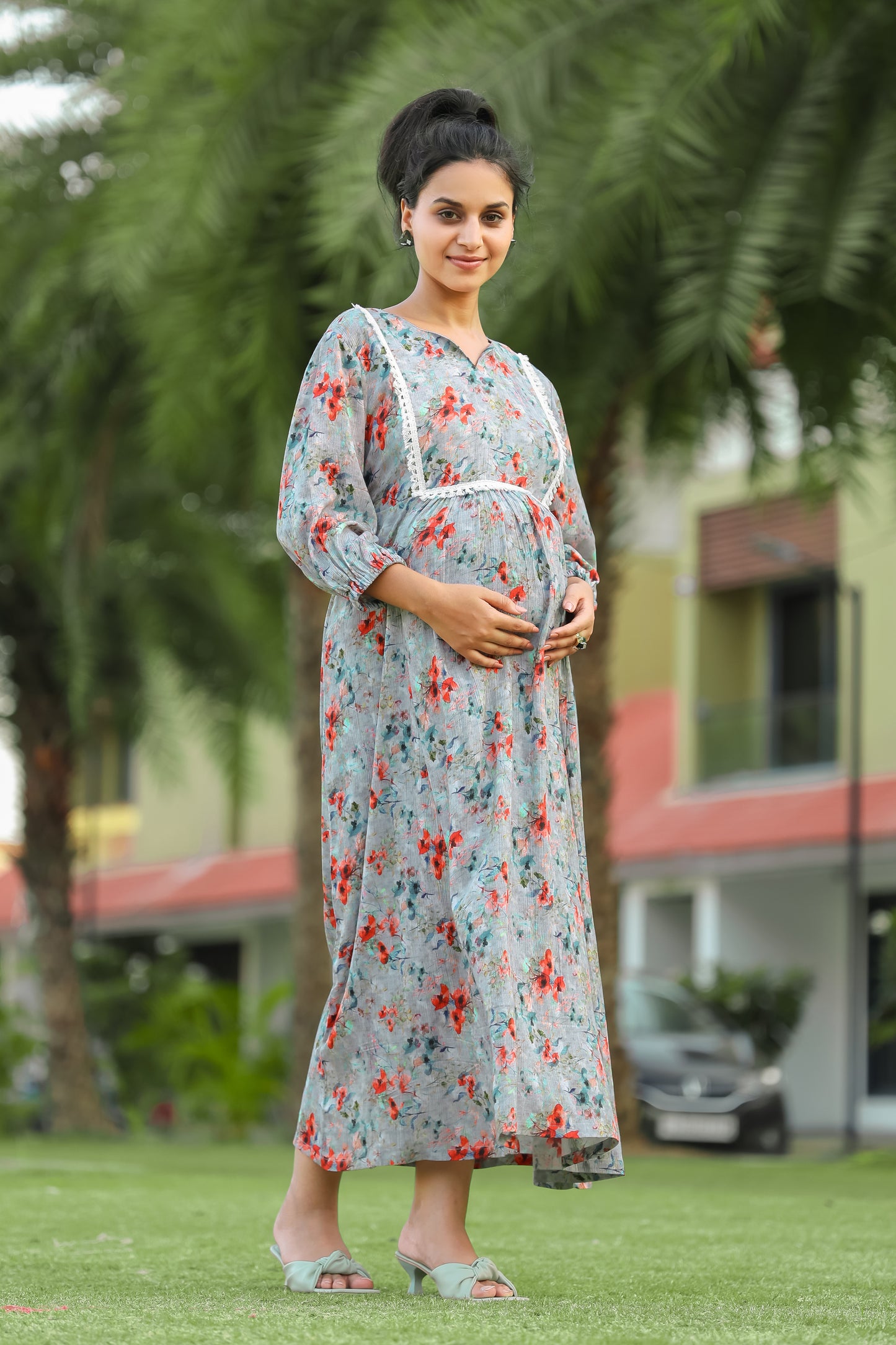 LIGHT ASH FLORAL PRINT MATERNITY DRESS