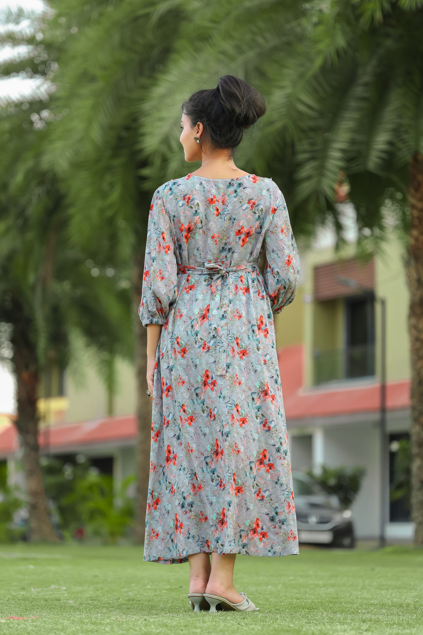 LIGHT ASH FLORAL PRINT MATERNITY DRESS